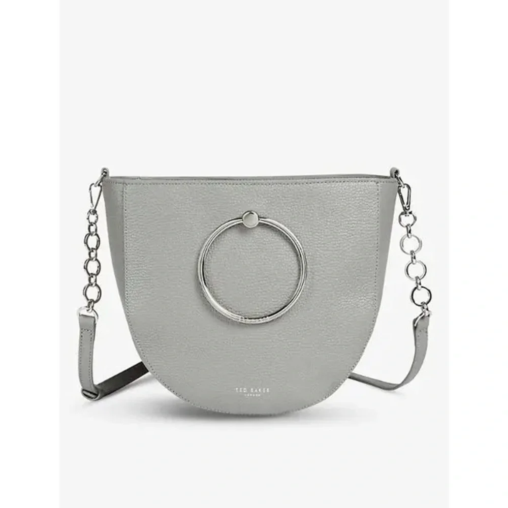 Ted Baker Grey Genuine Leather Ring Handle Crossbody Bag NWT Silver Hardware